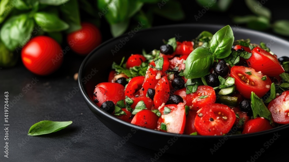 Vibrant tomato salad with basil and blackberries. Fresh ingredients in a bowl Vibrant tomato salad with basil and blackberries. Fresh ingredients in a bowl