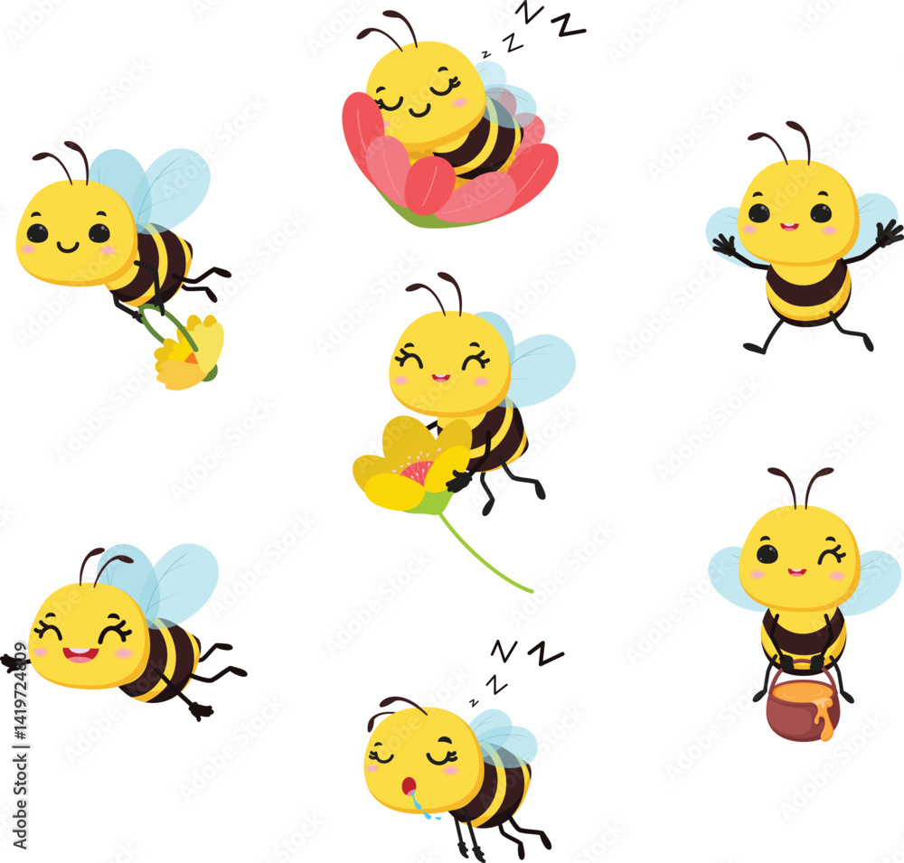 Obraz premium Set of cute bee cartoon with different expression and pose