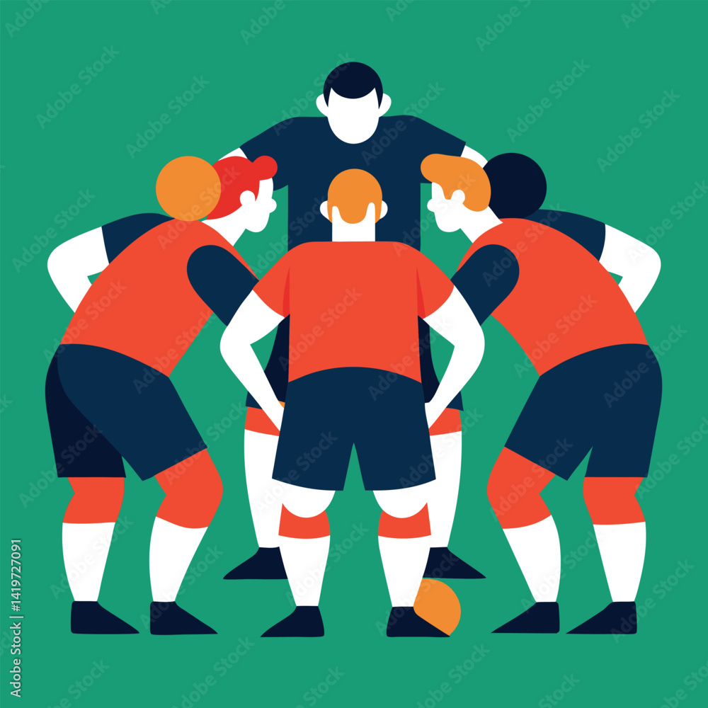 Fototapeta premium Cartoon vector illustration of soccer players, football players, and an American football team in action during a sport game