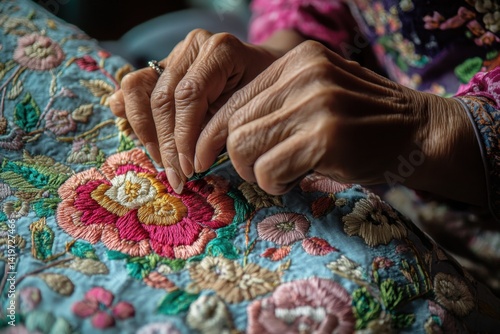 Skilled hands embroider vibrant floral patterns on fabric in a cozy workshop space