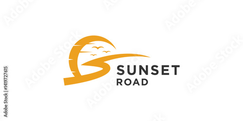 Simple sunset road logo template. Sun with way logo design vector illustration.
