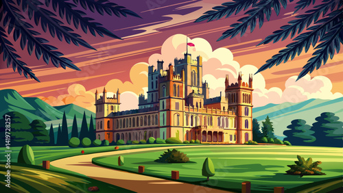 Very beautiful Highclere Castle, the iconic setting of Downton Abbey, carries its grandeur and elegance against an atmospheric sky, with lush green lawns leading up to it.