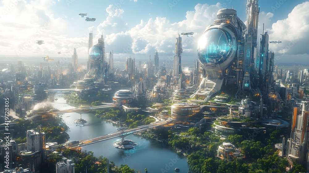 Fototapeta premium Futuristic skyline dreamscape awakens photo