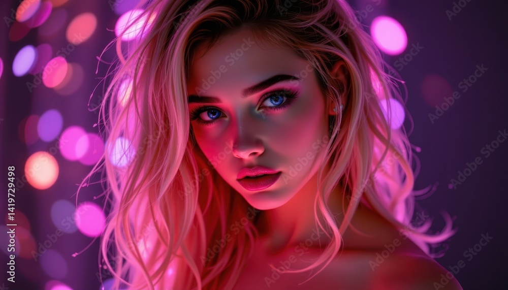 A woman with cascading curls illuminated by soft, glowing pink and purple lights.