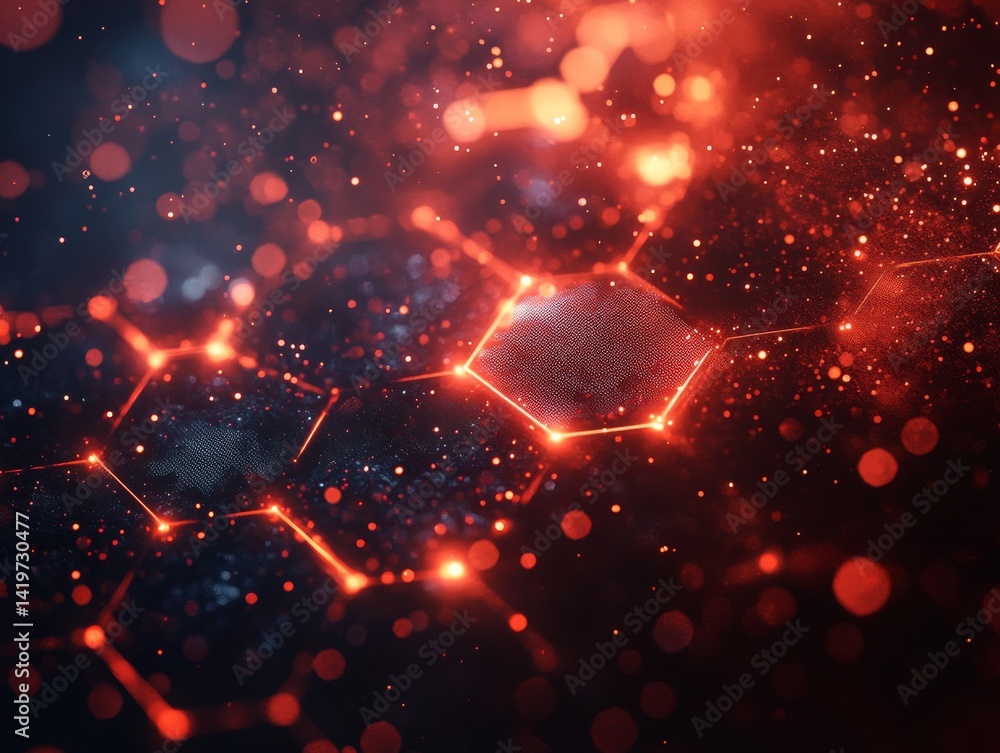 Mystical Network: Glowing Hexagon and Connections in a Deep Space, Red Lights, Bokeh Effects, Technology, Sci-fi, Abstract Futuristic Background Mystical Network: Glowing Hexagon and Connections in a Deep Space, Red Lights, Bokeh Effects, Technology, Sci-fi, Abstract Futuristic Background