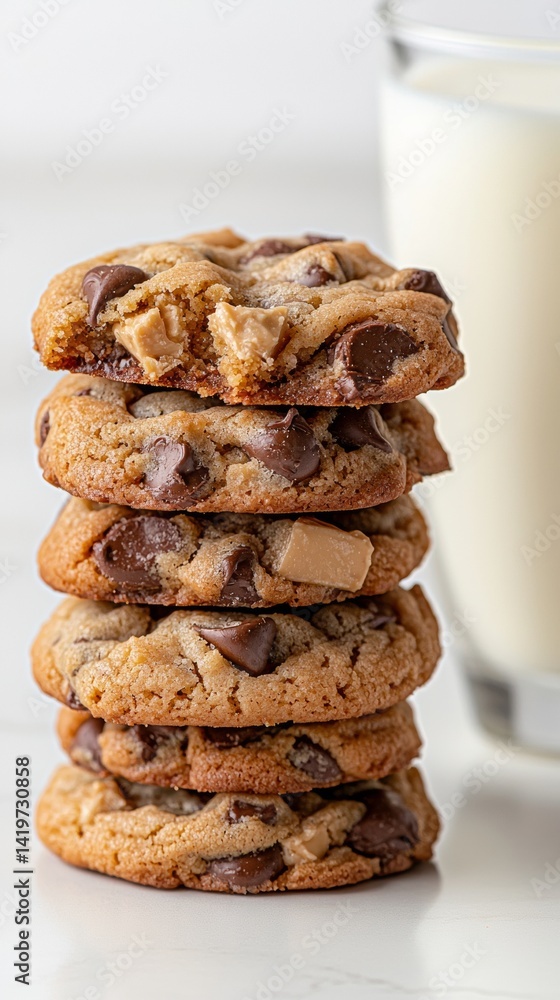Stack of Freshly Baked Chocolate Chip Cookies with Glass of Milk Stack of Freshly Baked Chocolate Chip Cookies with Glass of Milk