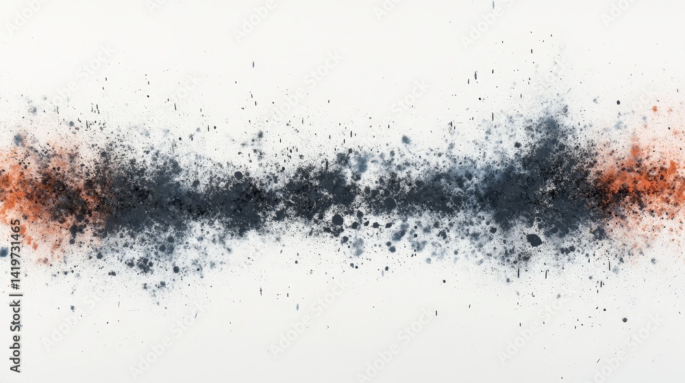 Dynamic black and orange ink splash exploding against a clean white wall backdrop Dynamic black and orange ink splash exploding against a clean white wall backdrop
