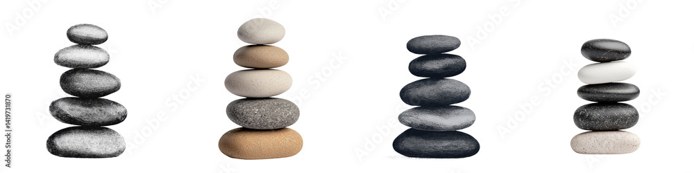 Stacked pebbles and stones in a serene zen balance Stacked pebbles and stones in a serene zen balance