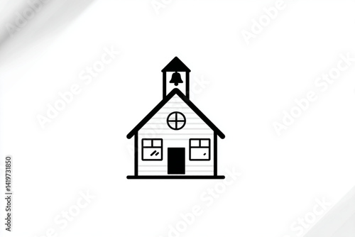 Illustration of a simple black and white schoolhouse with bell tower design