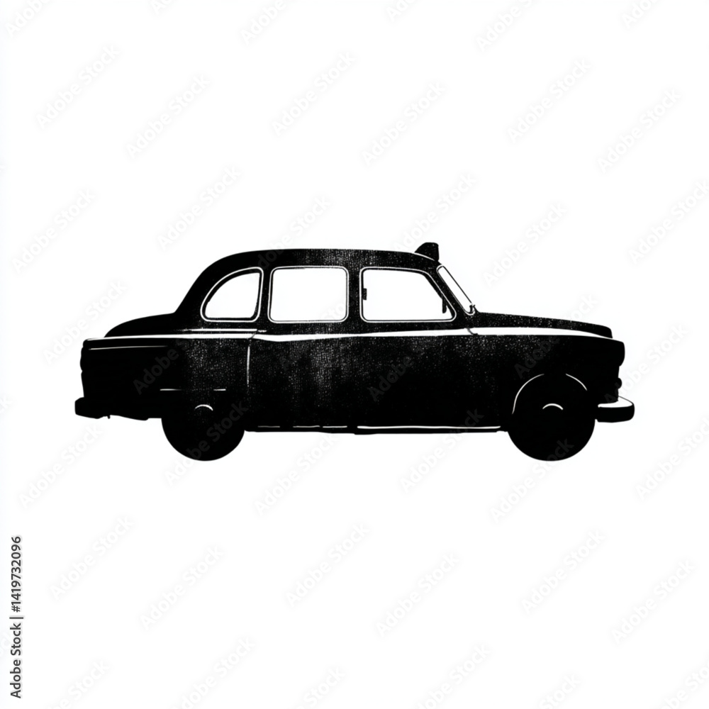 Fototapeta premium Monochrome illustration of a vintage taxi cab side view isolated on white background