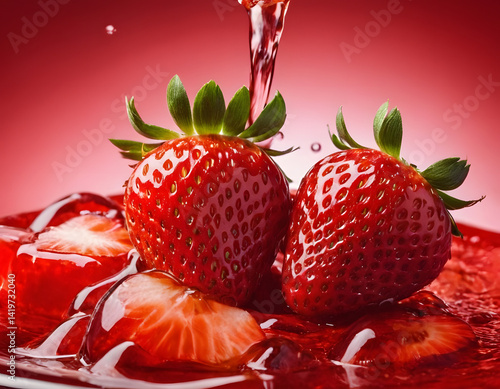 Red juicy strawberries with splash of Strawberry juice