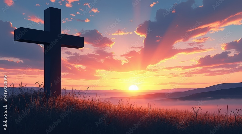 A serene sunrise scene featuring a cross on a grassy hill, symbolizing hope and spirituality against a backdrop of colorful clouds. A serene sunrise scene featuring a cross on a grassy hill, symbolizing hope and spirituality against a backdrop of colorful clouds.