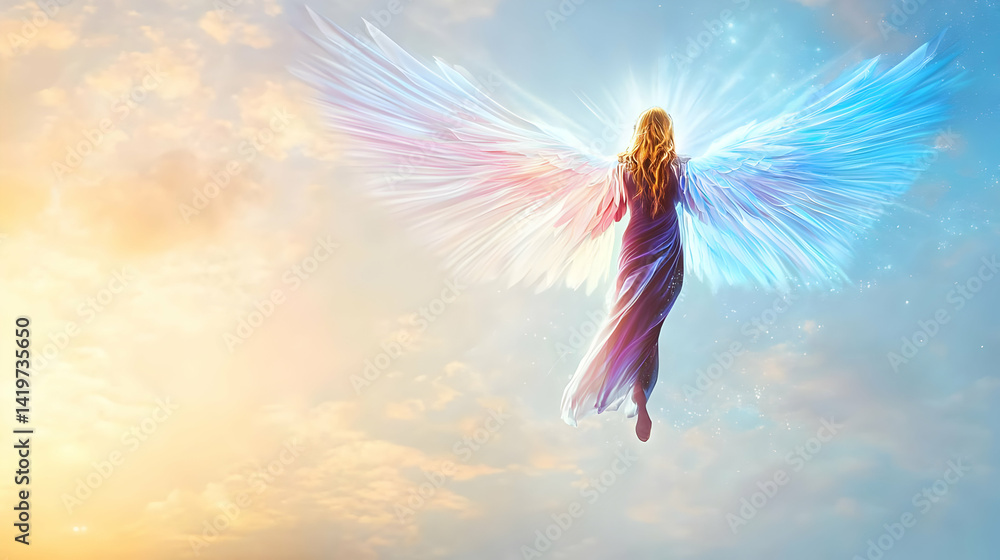 Obraz premium Woman With Colorful Wings Flying In The Sky