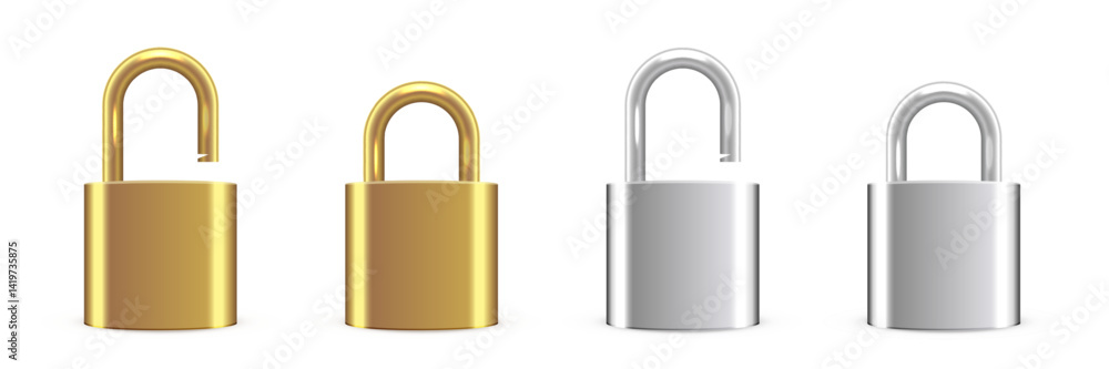 Metallic locks set. Gold and silver padlocks isolated on transparent background. Closed and opened locks. Safety and security concept. House protection. Game icons. Realistic vector illustrations. Metallic locks set. Gold and silver padlocks isolated on transparent background. Closed and opened locks. Safety and security concept. House protection. Game icons. Realistic vector illustrations.