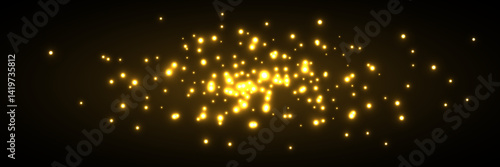Gold light background with bokeh effect. Golden glittering lights on black background. Festive holiday shiny luxury backdrop. Abstract horizontal vector illustration.