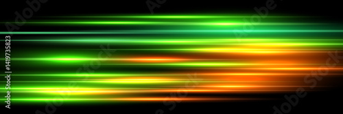 Speed light background. Color neon spark rays on black. Futuristic shiny pattern with bright red and green flares on dark. Modern technology vector illustration.