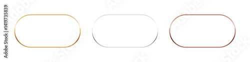 Gold, silver and bronze oval frames. Horizontal thin metal ellipse photo or picture frames isolated on transparent background. Simple object mockup. 3d abstract empty template vector illustration set.