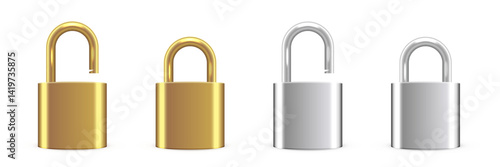 Metallic locks set. Gold and silver padlocks isolated on transparent background. Closed and opened locks. Safety and security concept. House protection. Game icons. Realistic vector illustrations.
