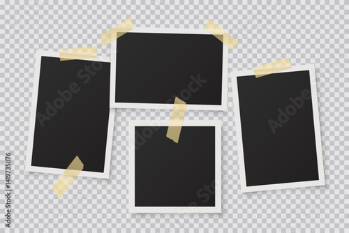 Blank retro photo frames with tape. Set of empty vintage photo placeholders with white borders on transparent background. Scrapbook or memory album templates. Realistic vector illustration.