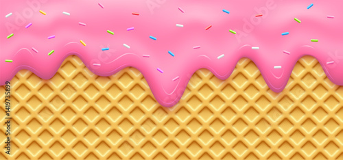 Pink strawberry ice cream seamless background. Golden waffle cone with flowing cherry cream topping and colorful sprinkles. Sweet dessert, tasty food design. Realistic vector illustration.