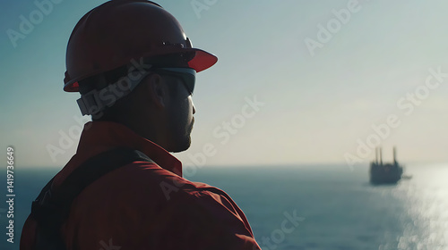 A male oil rig worker reviewing safety procedures. Featuring diligence and focus