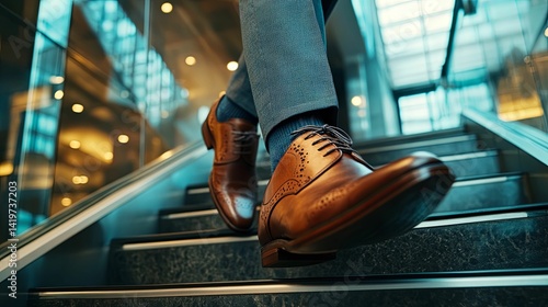 Businessman's feet ascend modern stairs.