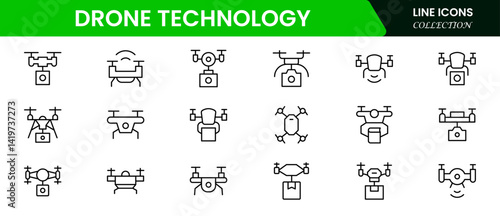 Drone Technology vector line icon set. Contains linear outline icons like Quadrocopter, Propeller, Remote Control, Radar, Camera, Battery, Delivery, and Copter. 