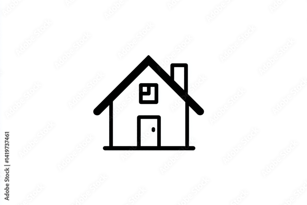 A simple black and white outline of a house with a chimney and a square window A simple black and white outline of a house with a chimney and a square window