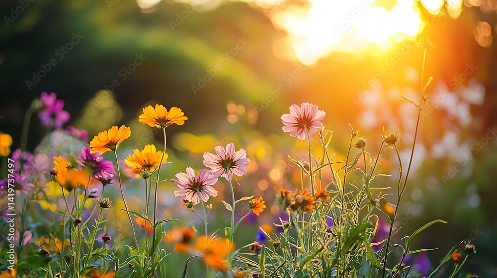 Obraz premium Vibrant Wildflowers in Bloom with Golden Sunset Light in Natural Garden Setting