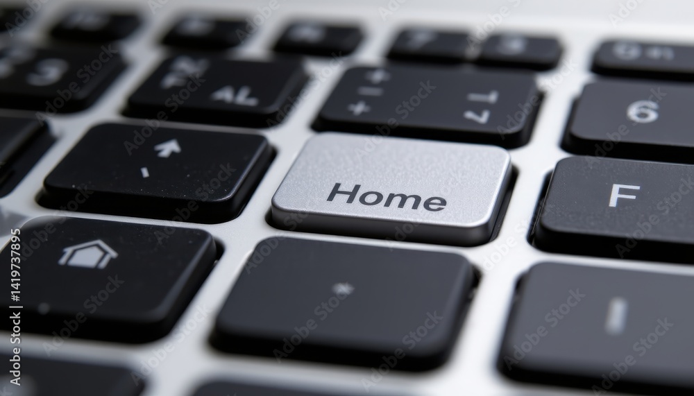 A macro shot of a laptop keyboard with the 'Home' key prominently highlighted in silver. A macro shot of a laptop keyboard with the 'Home' key prominently highlighted in silver.