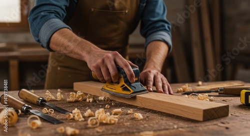 Close-up of a carpenter's hands carefully sanding a piece of wood on a workbench, surrounded by tools like chisels and measuring tape. Soft natural light coming from the side, wood shavings scattered 