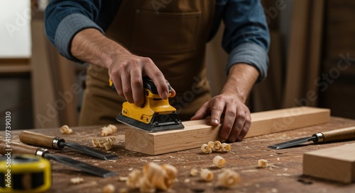 Close-up of a carpenter's hands carefully sanding a piece of wood on a workbench, surrounded by tools like chisels and measuring tape. Soft natural light coming from the side, wood shavings scattered 