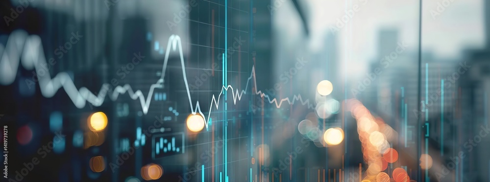 Digital background featuring stock market charts and graphs, financial elements, blurred business