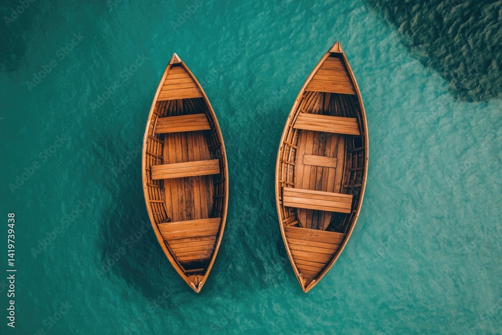 Two wooden rowboats on teal water (1) Two wooden rowboats on teal water (1)