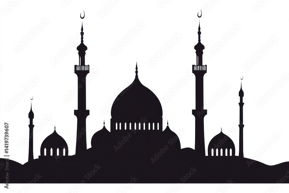 Fototapeta premium Mosque silhouette, desert landscape, Islamic architecture, religious design, website banner