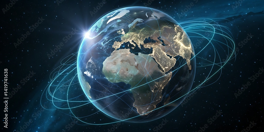 Obraz premium Global Network Connectivity with Blue Light Trails Around Earth in Space