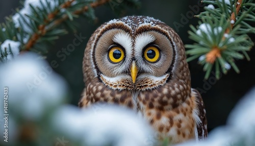 Northern Saw Whet Owl Closeup Nestled in Snow Dusted Conifer Branches

