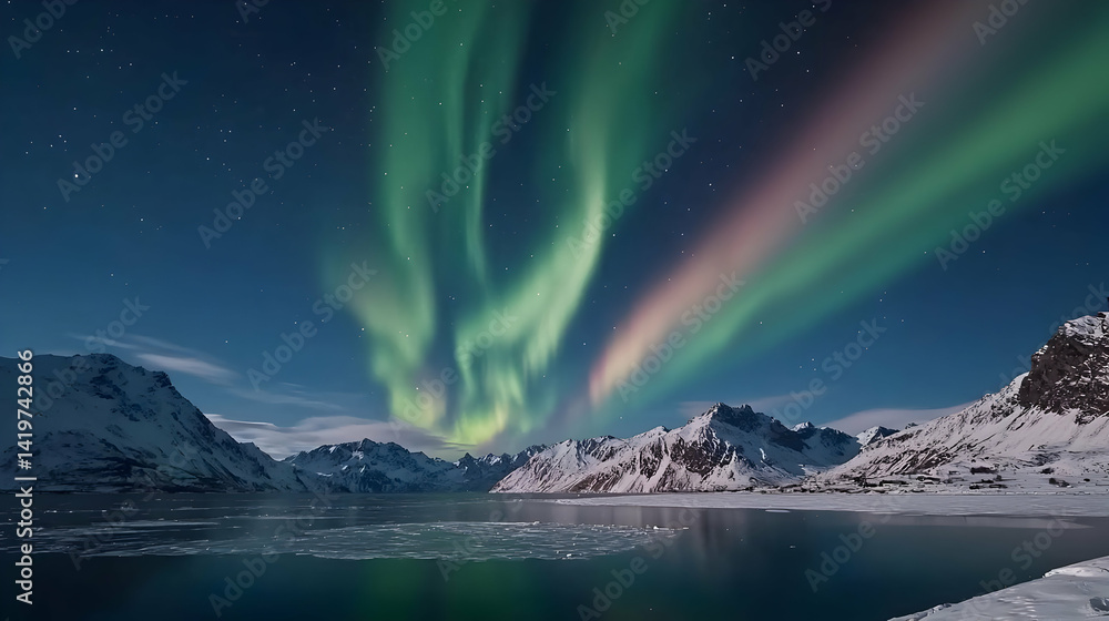 Naklejka premium Majestic Aurora Borealis Over Snowy Arctic Landscape