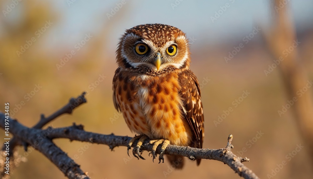Fototapeta premium Ferruginous Pygmy Owl on Mesquite Branch with Rusty Red Feathers and Yellow Eyes in Desert