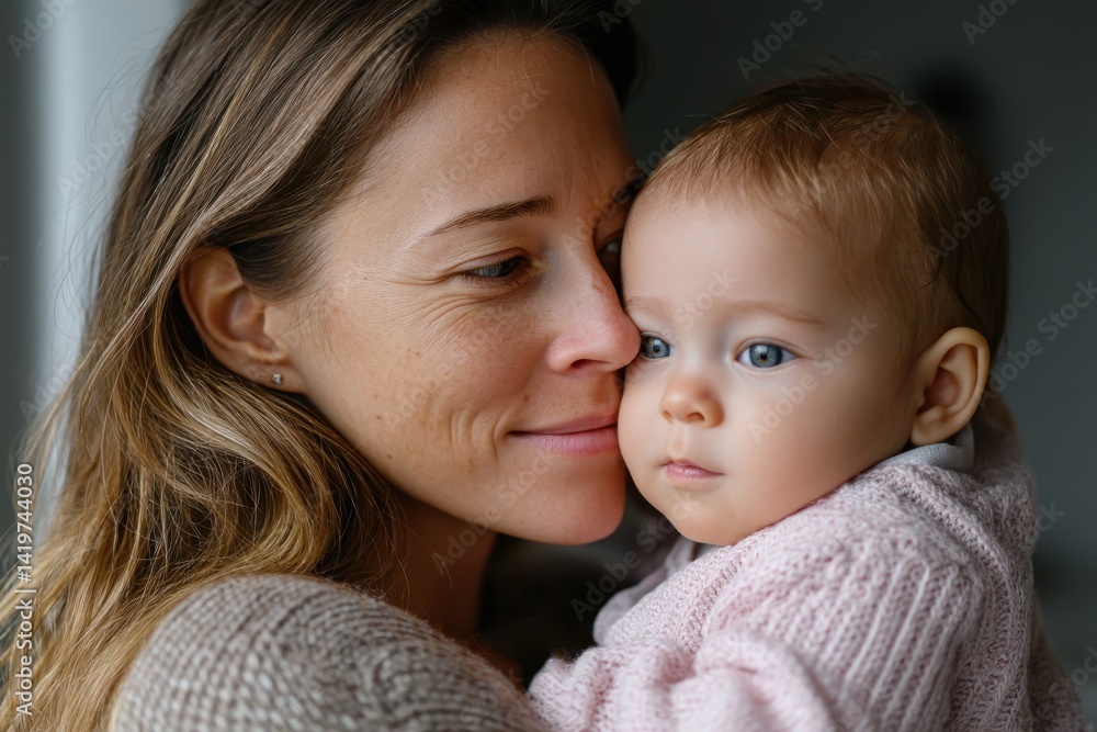A touching scene of a mother lovingly holding her awake child, illustrating the deep emotional bond that enhances their connection and expresses unconditional love. A touching scene of a mother lovingly holding her awake child, illustrating the deep emotional bond that enhances their connection and expresses unconditional love.