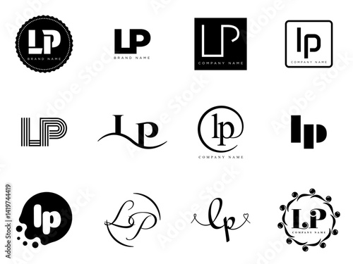 LP logo company template. Letter l and p logotype. Set different classic serif lettering and modern bold text with design elements. Initial font typography.