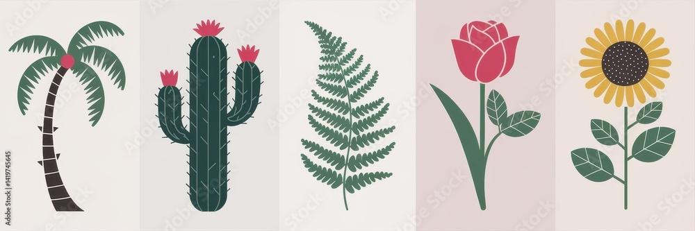 Colorful botanical illustrations of desert and floral plants.