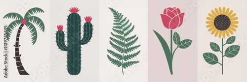 Obraz na płótnie Colorful botanical illustrations of desert and floral plants. w salonie