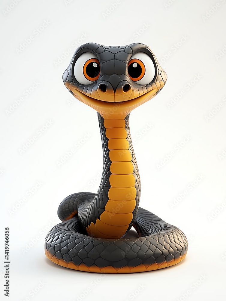 Fototapeta premium Adorable Cartoon Snake with Big Eyes,Smiling,Posing on White Background. A Delightful 3D Render.
