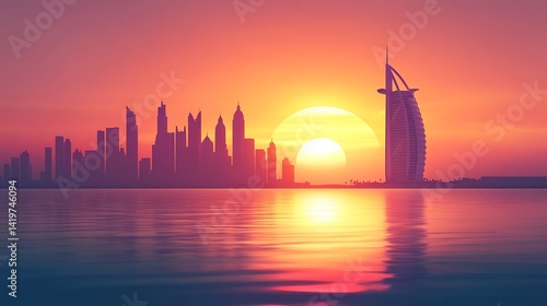 Dubai skyline viewed from the sea in flat silhouette, Burj Al Arab dominating the right side, buildings in faded shadow behind, sunset reflecting off water,