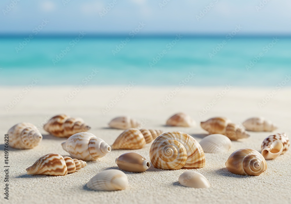 Collection of different sea shells scattered on the sand near the water's edge. Collection of different sea shells scattered on the sand near the water's edge.