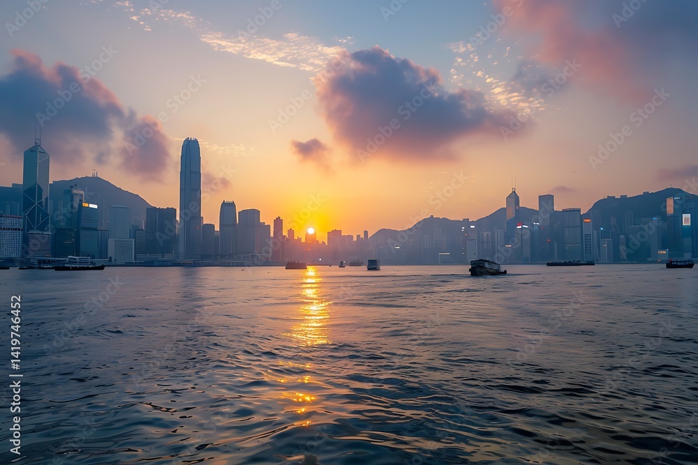Sunset Over Hong Kong City Skyline With Golden Sky Reflection on Water Surface Sunset Over Hong Kong City Skyline With Golden Sky Reflection on Water Surface