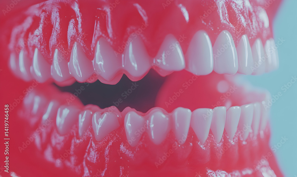 Obraz premium Close-up detailed shot of a model of human teeth, showcasing vibrant pink gums and pearly white teeth. Ideal for dental or medical publications.