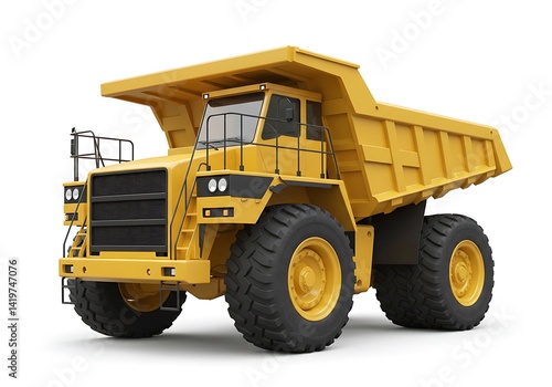 Large yellow dump truck isolated on a white background. Heavy machinery for mining and construction.