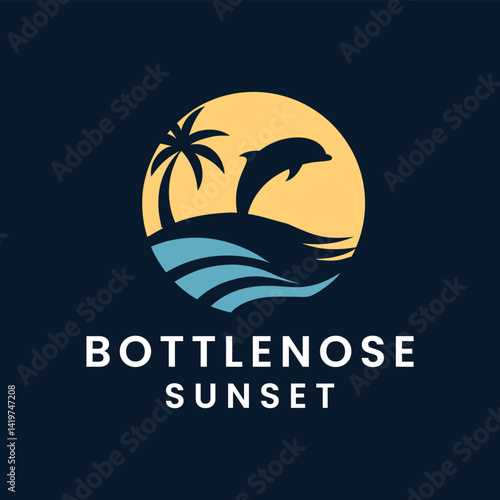simple circle bottlenose dolphin with sunset and a palm tree, logo design vector